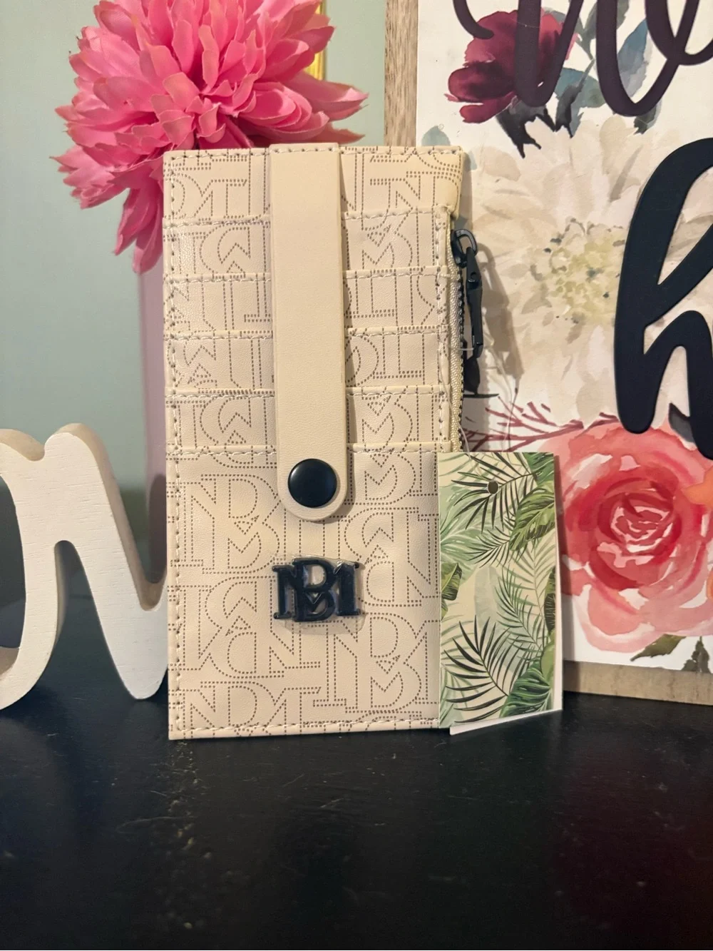 Badgley Mischka Beige Monogram Wallet with Button Strap